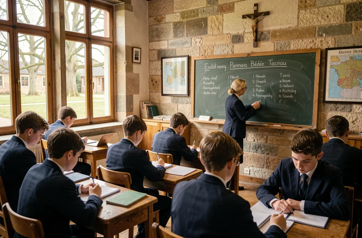 Cours d'anglais dans une classe en uniforme de l'École Saint-Michel de Bédée, enseignante au tableau noir dans une salle traditionnelle bretonne