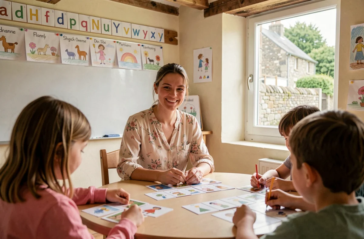 Enseignante de l'École Sainte-Marie de Ploemel animant un atelier de langues autour d'une table ronde dans une petite salle de classe aux poutres apparentes