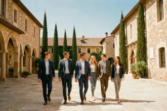 Groupe d'étudiants en école de commerce se déplaçant sur un campus universitaire ensoleillé en Provence-Alpes-Côte d'Azur