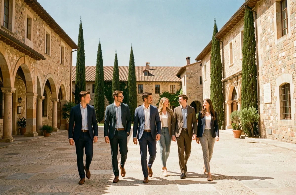 Groupe d'étudiants en école de commerce se déplaçant sur un campus universitaire ensoleillé en Provence-Alpes-Côte d'Azur