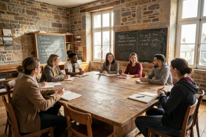 Groupe d'étudiants adultes apprenant des langues dans une école de Bretagne, assis autour d'une grande table en bois dans une salle de classe aux murs en pierre
