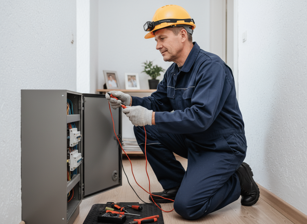 Électricien en bleu testant un tableau électrique intérieur
