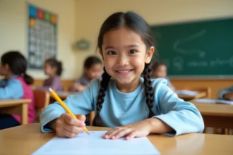 Élève de CE2 remplissant une fiche de lecture imprimée à son bureau en classe