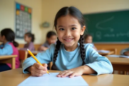 Élève de CE2 remplissant une fiche de lecture imprimée à son bureau en classe
