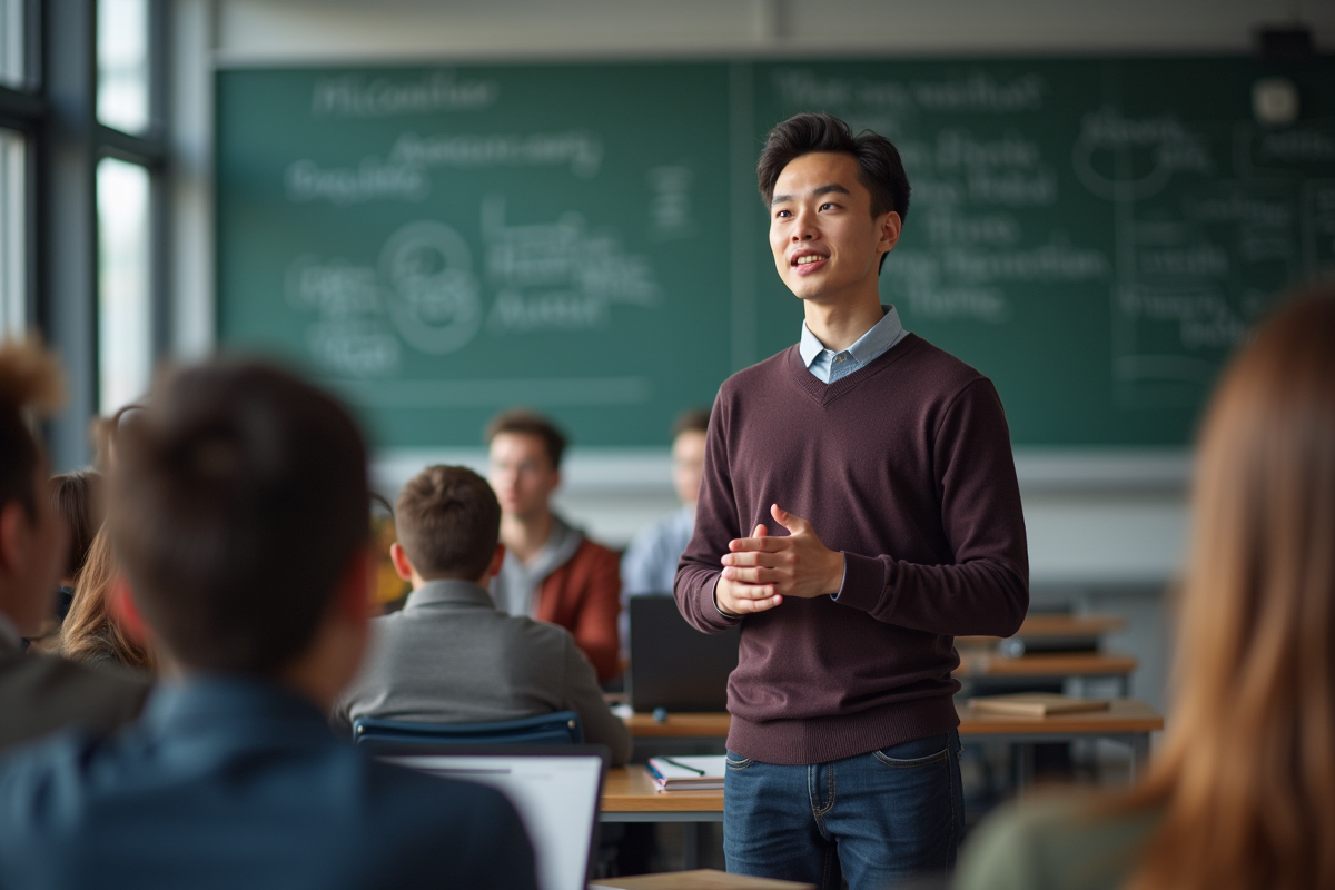 Etudiant confiant faisant une presentation en amphitheatre moderne