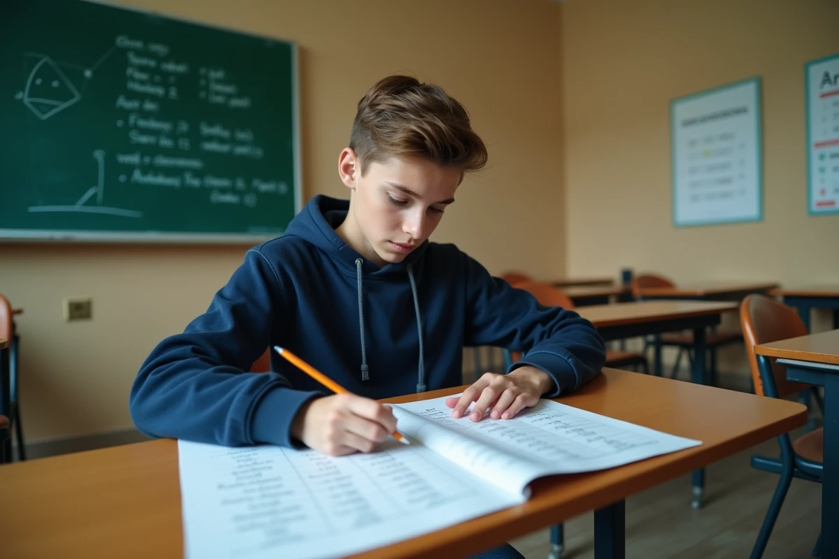 Élève de lycée travaillant sur une fiche d'exercices corrigés de conjugaison du verbe partir au présent en classe
