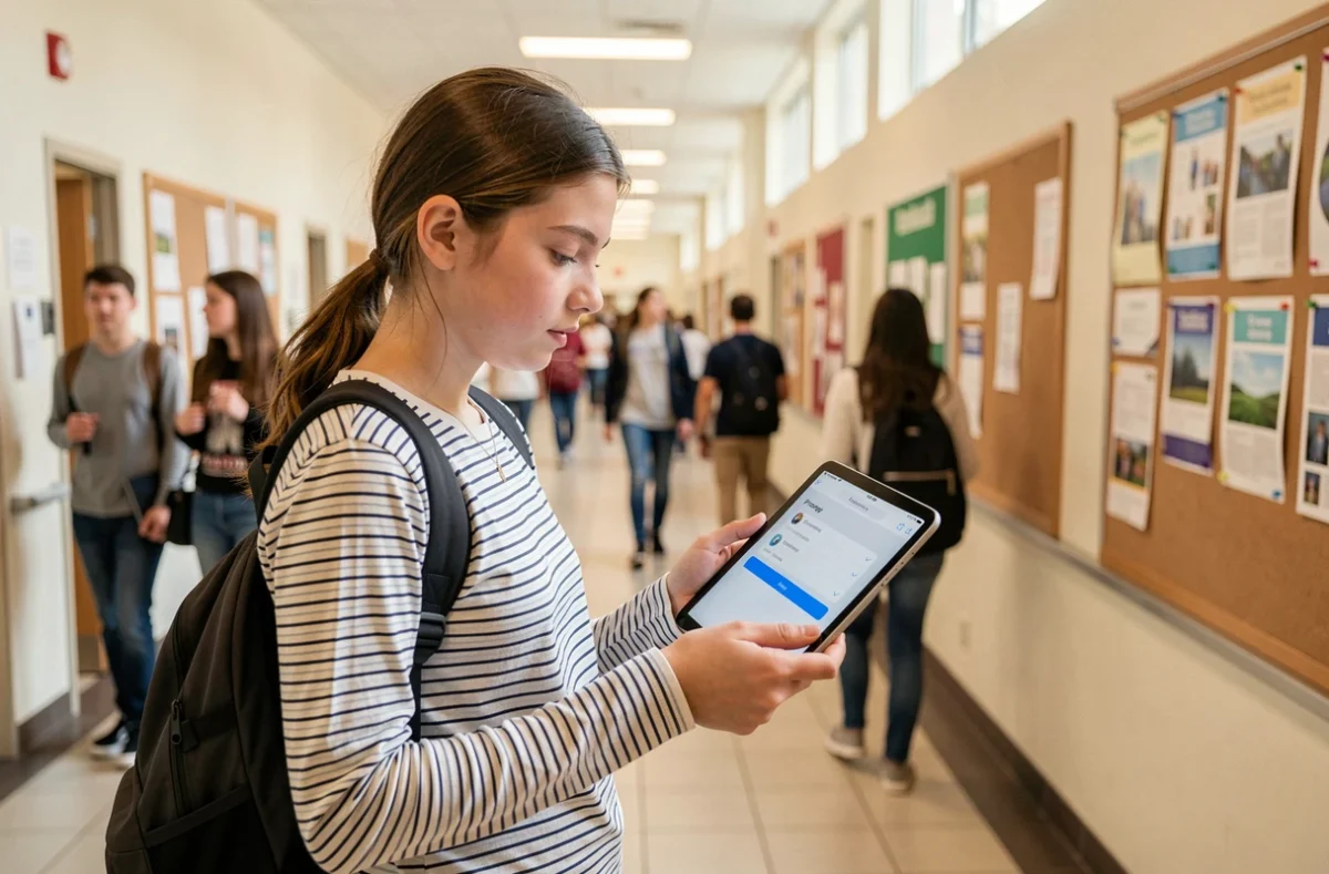 Une lycéenne consulte les paramètres de confidentialité de son espace numérique Elcyo sur une tablette dans le couloir de son école