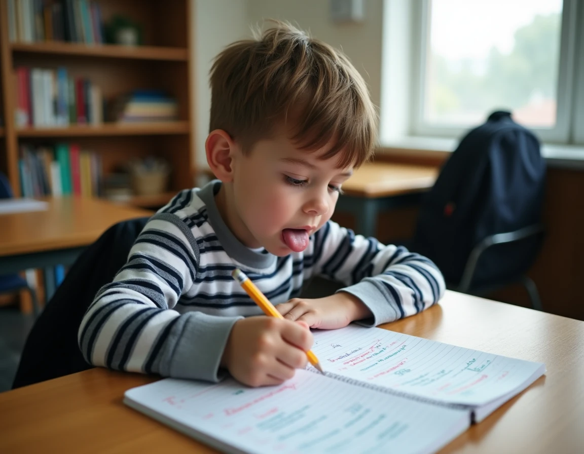 Élève de primaire écrivant la conjugaison des verbes irréguliers en ir dans son cahier d'exercices