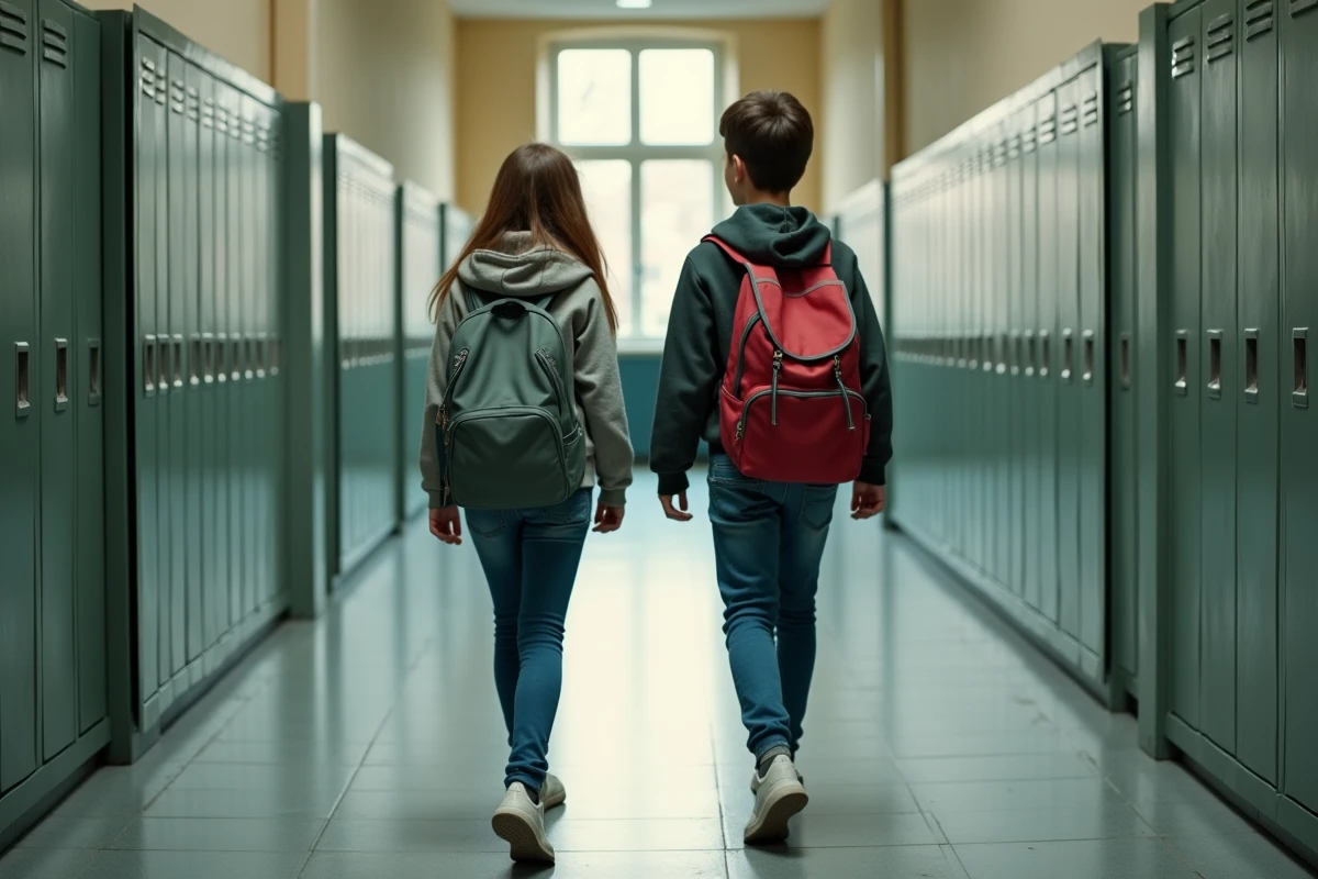 Deux élèves du collège Braque de Dieppe marchant dans un couloir avec leurs cartables, ambiance rentrée scolaire 2026