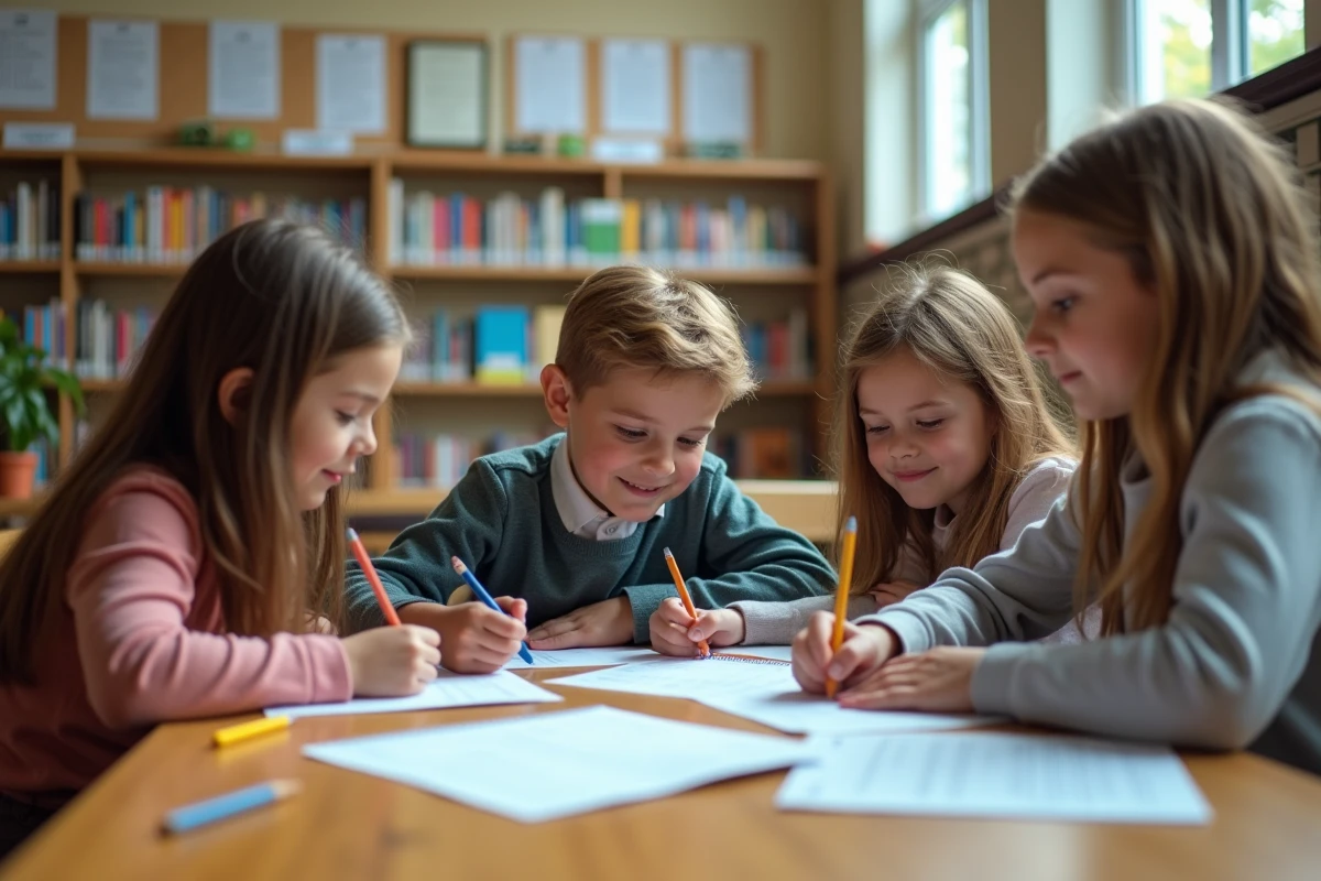 Élèves travaillant ensemble sur des exercices de ponctuation en bibliothèque scolaire