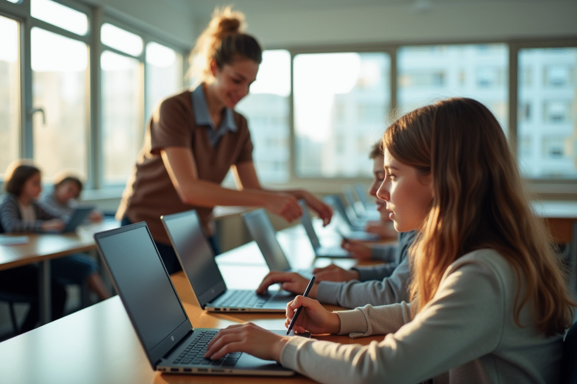 Jeunes lycéens utilisant ordinateurs en classe lumineuse