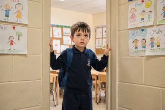 Jeune écolier de 6 ans en uniforme bleu marine sur le seuil d'une salle de classe lors de sa première rentrée scolaire