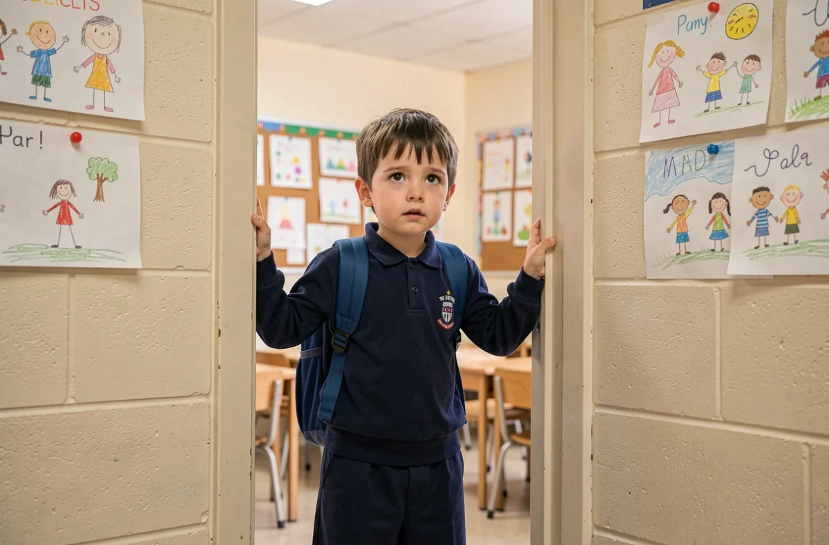 Jeune écolier de 6 ans en uniforme bleu marine sur le seuil d'une salle de classe lors de sa première rentrée scolaire