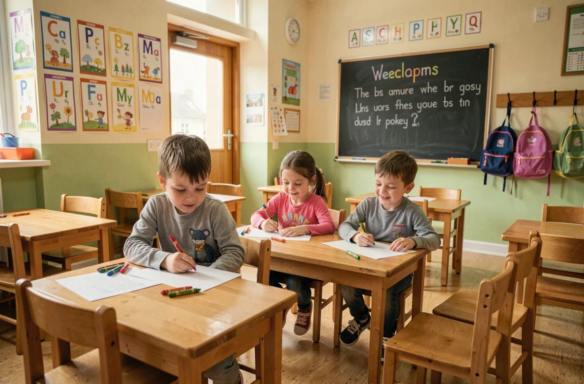 Trois jeunes enfants assis à des bureaux en bois dans une salle de classe colorée lors de leur première journée d'école
