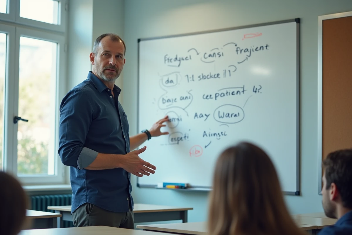 Enseignant expliquant les connecteurs argumentatifs au tableau dans une salle de classe