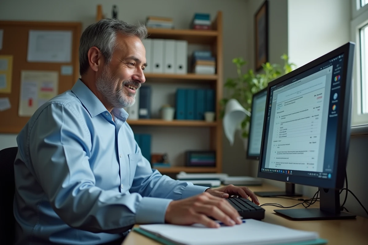 Enseignant corrigeant des devoirs numériques dans un bureau scolaire