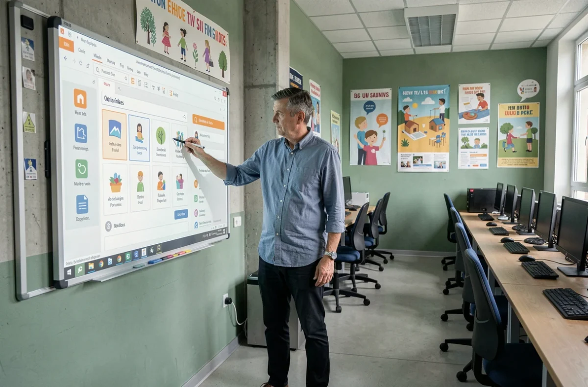 Enseignant présentant l'espace numérique de travail ENT sur un tableau interactif