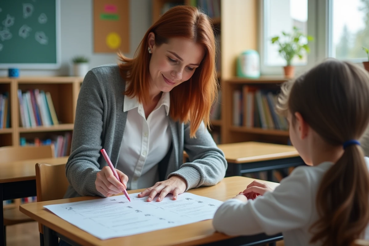 Enseignante aidant un élève de CE2 à compléter une fiche de lecture en classe