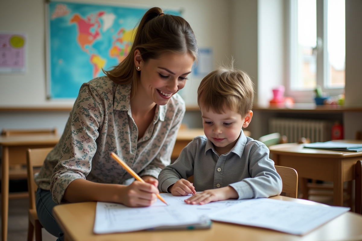 Enseignante aidant un élève en classe moderne