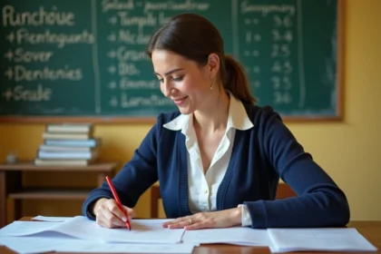 Enseignante annotant des fiches d'exercices de ponctuation en français à son bureau de classe