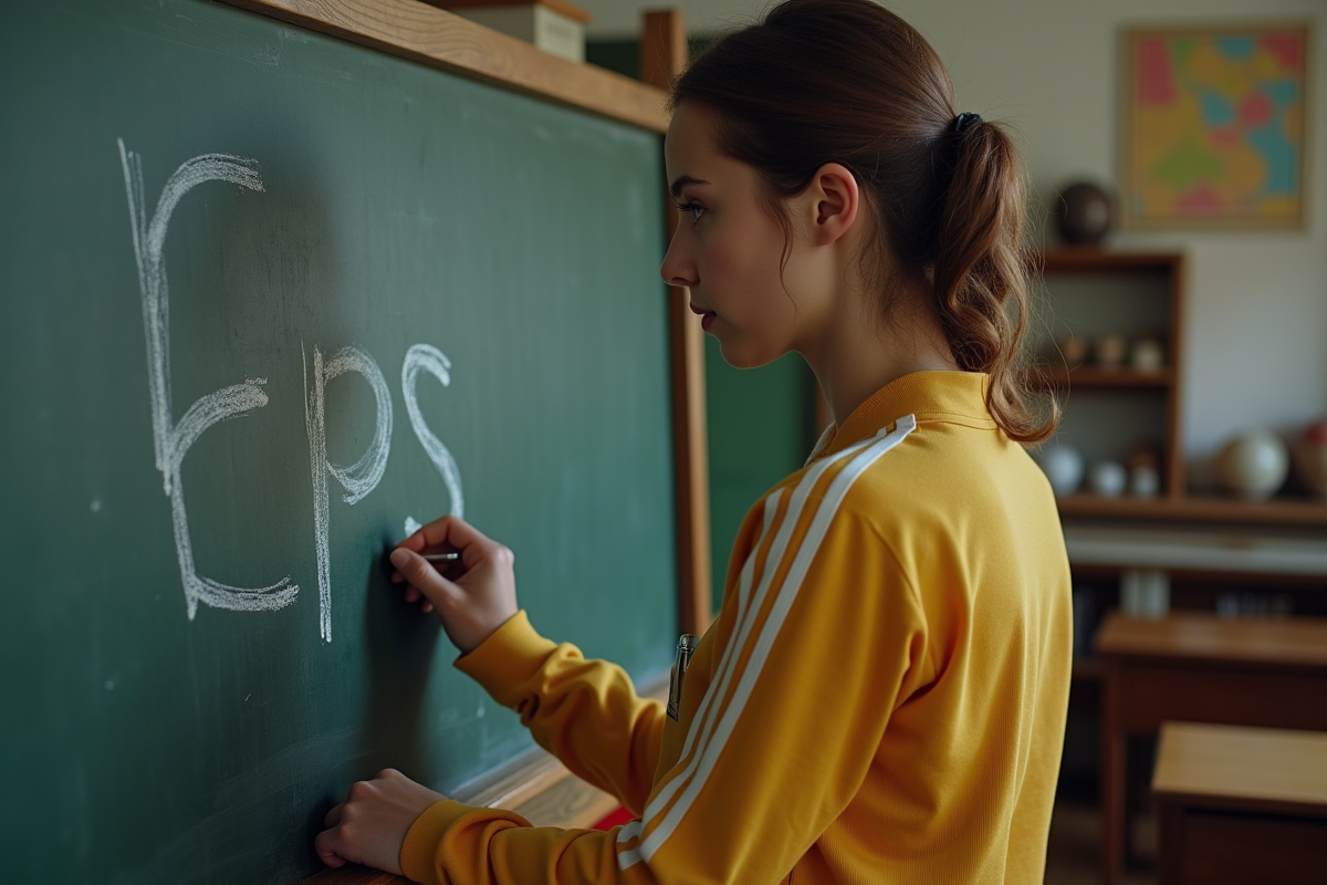 Jeune enseignante écrivant EPS au tableau dans une classe
