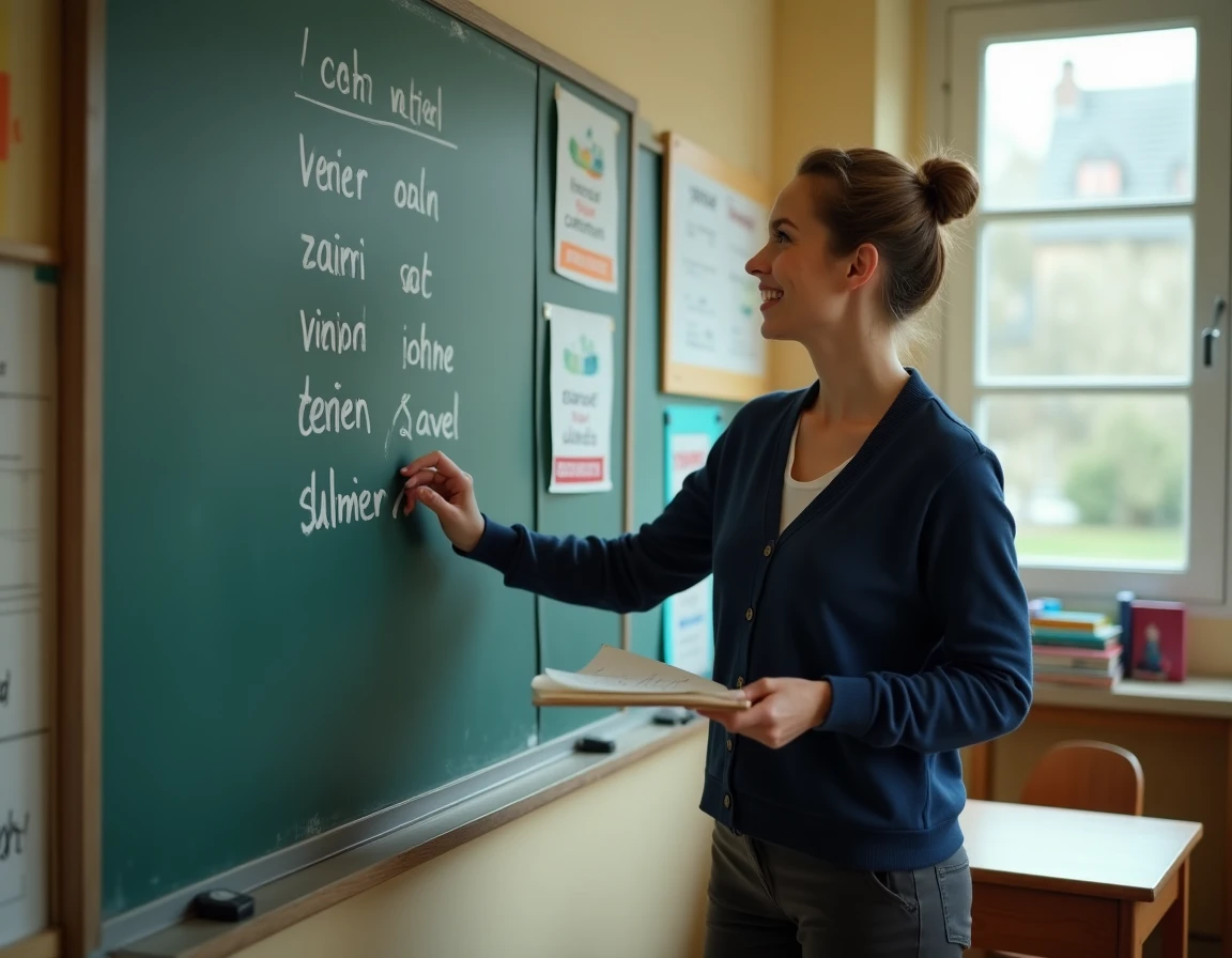 Enseignante de primaire expliquant les verbes du 3ème groupe en ir au tableau de la classe