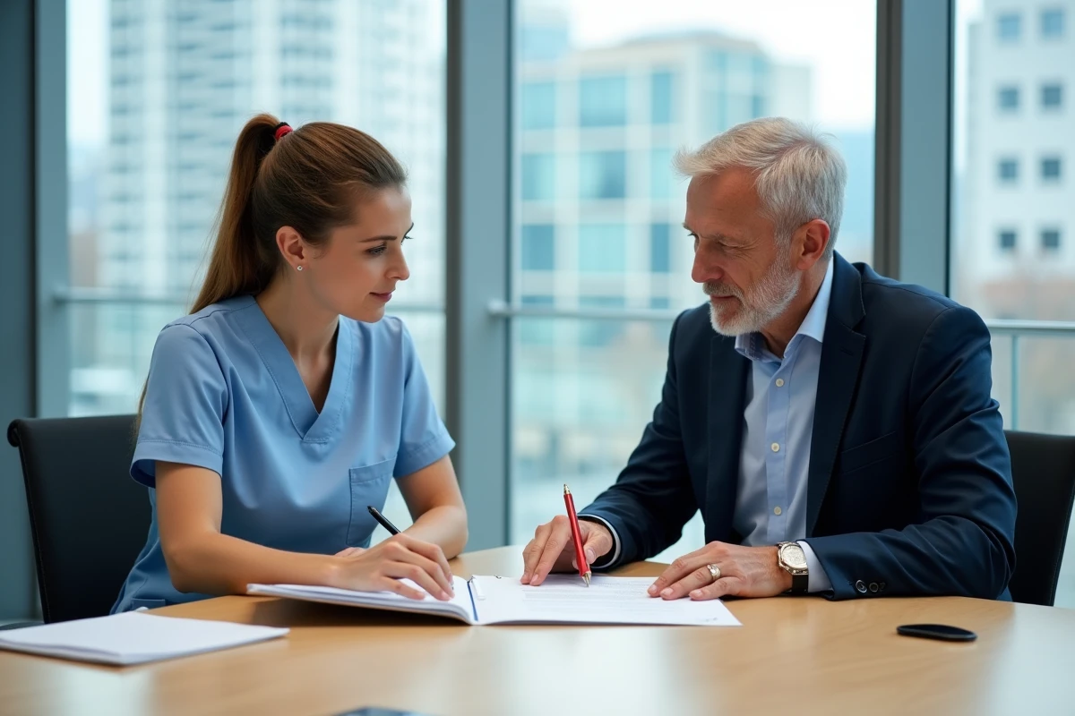 Deux professionnels de la santé examinant ensemble un CV format suisse lors d'un entretien dans une salle de réunion hospitalière