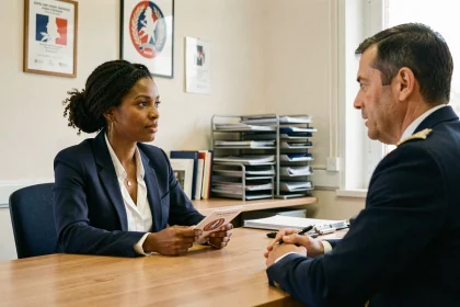 Femme d'origine nord-africaine passant un entretien de naturalisation dans un bureau administratif français face à un agent officiel