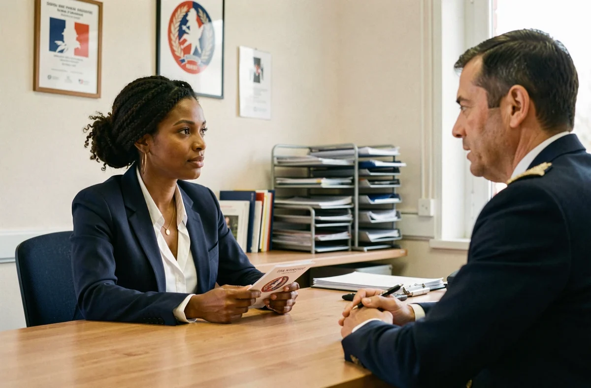 Femme d'origine nord-africaine passant un entretien de naturalisation dans un bureau administratif français face à un agent officiel