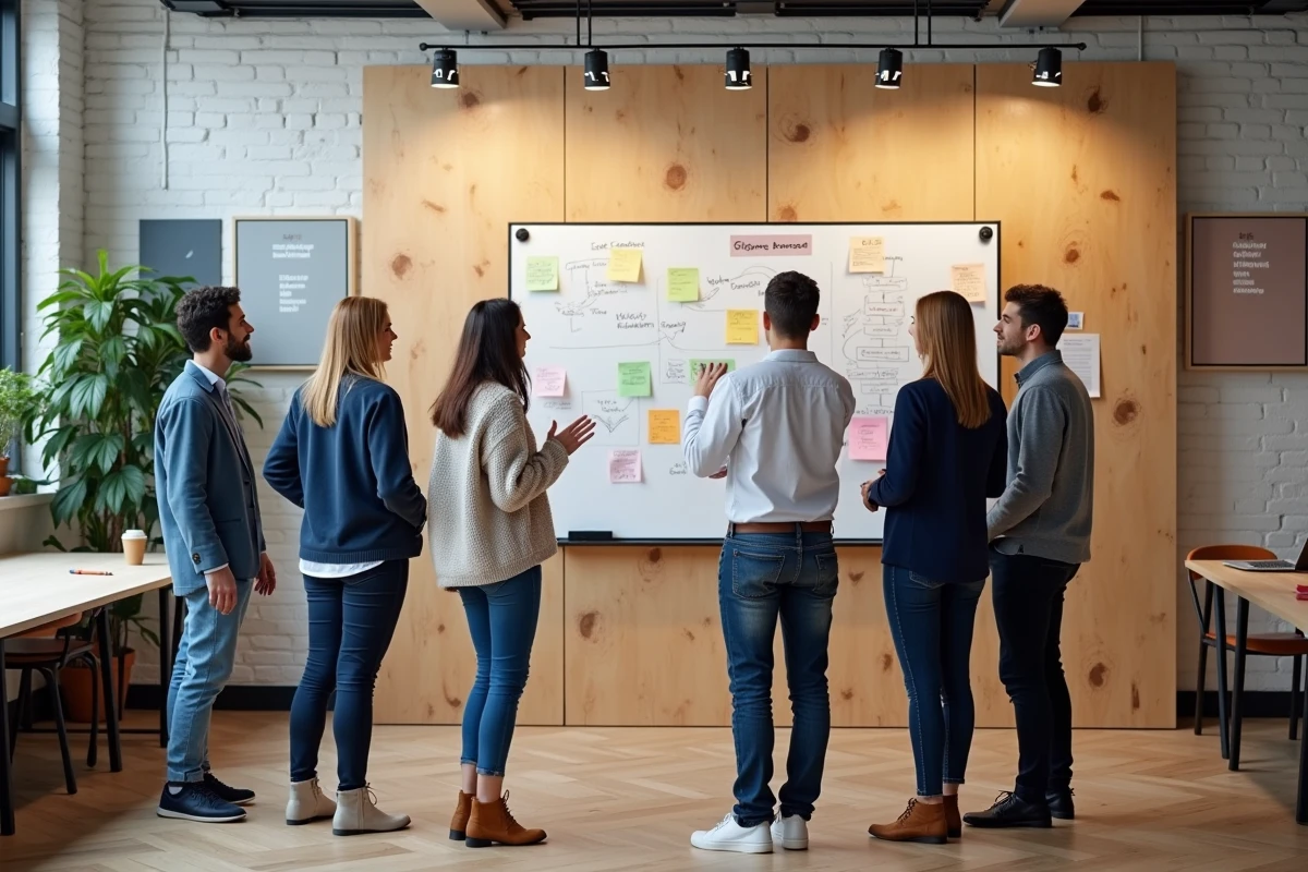 Équipe de professionnels diversifiés en séance de brainstorming sur la définition du leadership en entreprise devant un tableau blanc