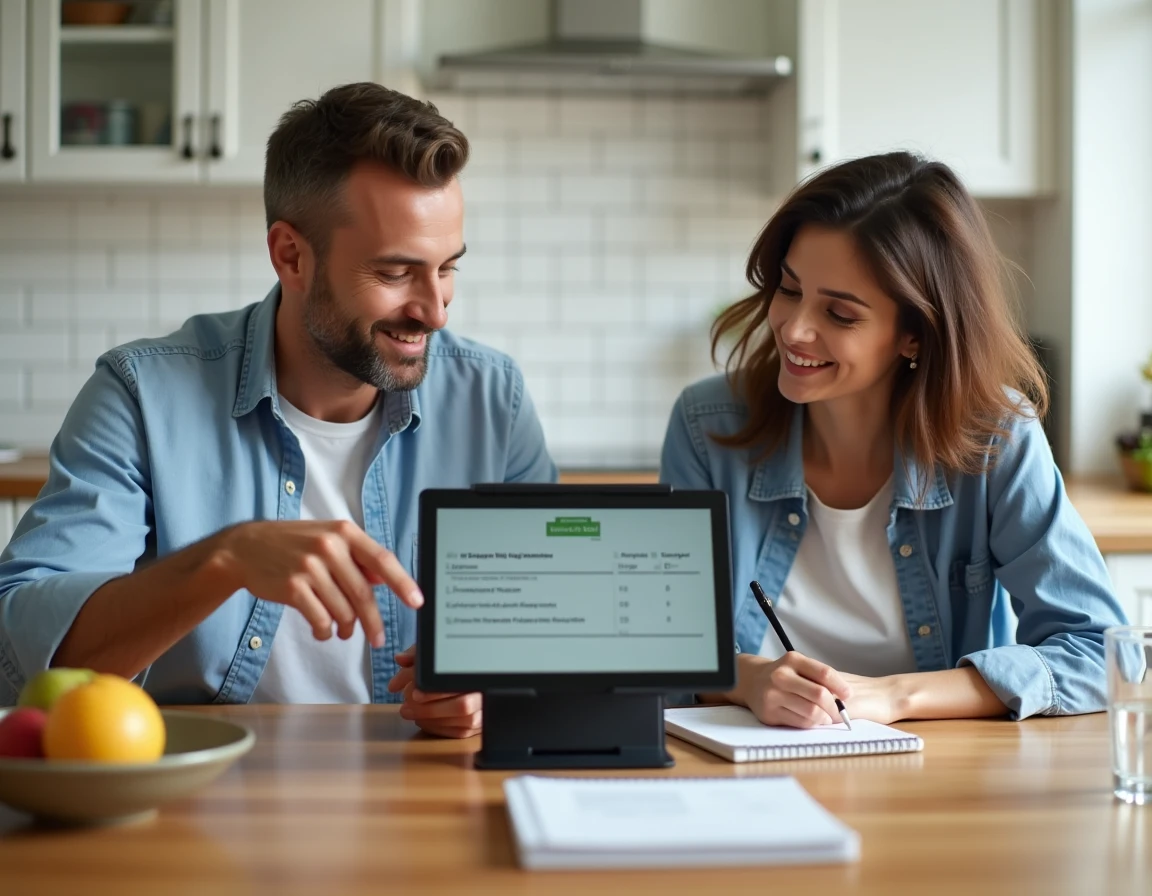 Deux personnes étudiant ensemble le programme du code de la route 2026 sur une tablette dans une cuisine moderne