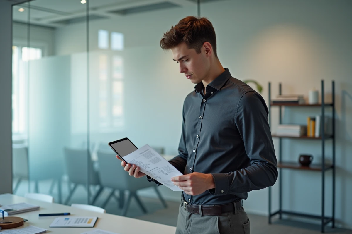 Jeune homme en alternance analysant son CV imprimé devant une salle de réunion dans un bureau parisien spécialisé en marketing digital