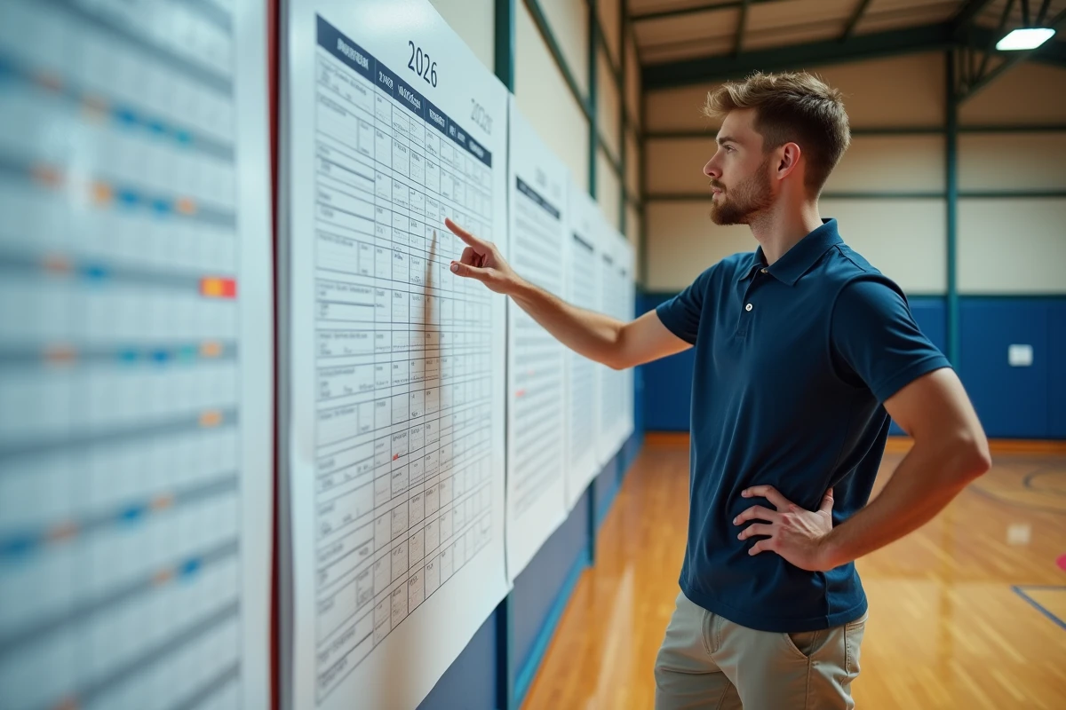 Étudiant en CIRA organisant un calendrier d'entraînements 2026 affiché dans un gymnase