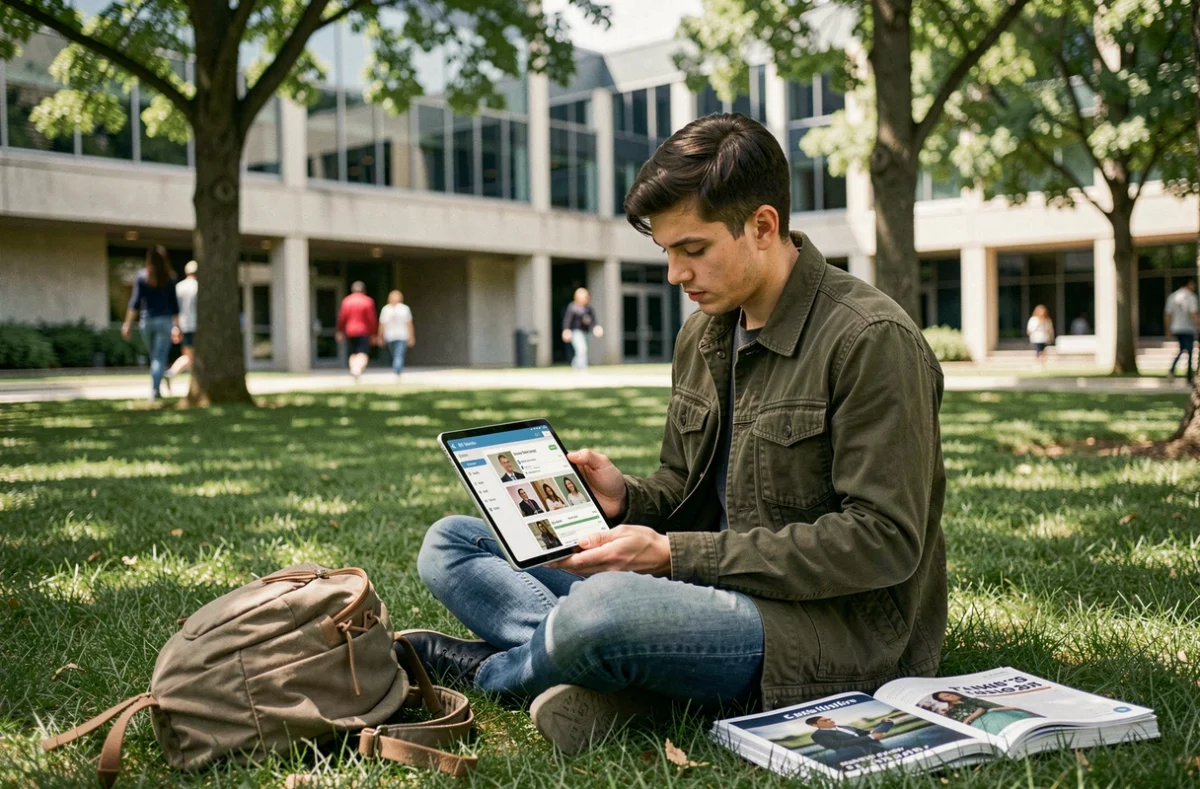 Étudiant ESME consultant sa plateforme d'apprentissage en ligne My Digital Campus en plein air sur le campus