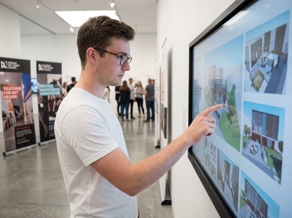 Étudiant explorant les formations en animation 3D sur un écran tactile lors d'une journée portes ouvertes d'école d'art