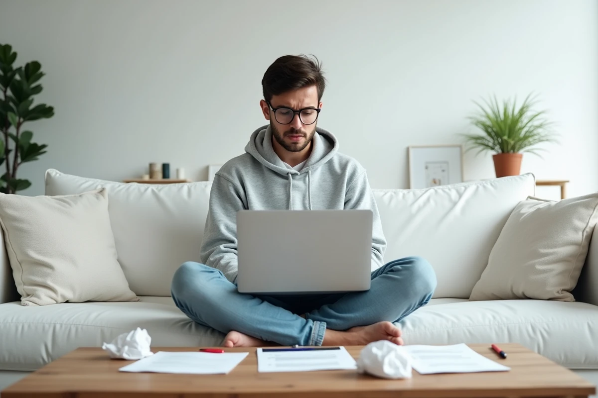 Jeune homme concentré devant son ordinateur portable, entouré de brouillons froissés, travaillant sur son dossier de candidature à une école d'art et d'image