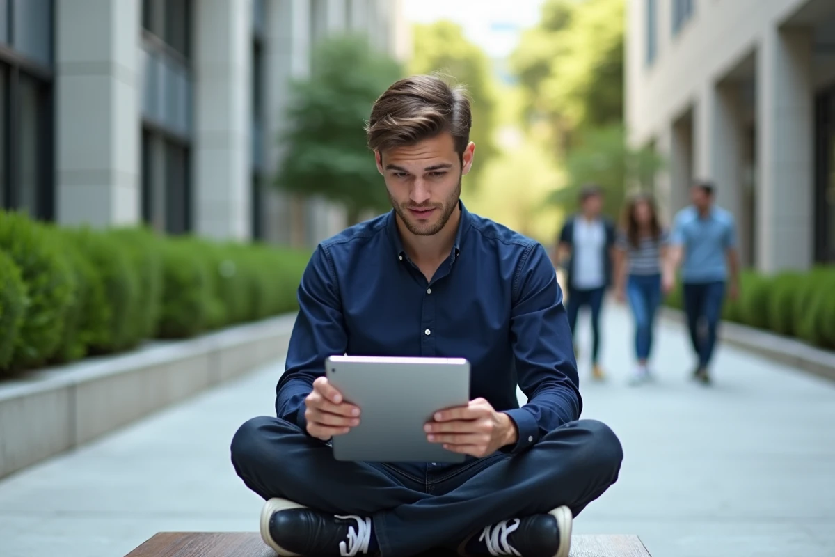 Étudiant de PSB consultant Psblearn sur une tablette en extérieur dans la cour du campus parisien