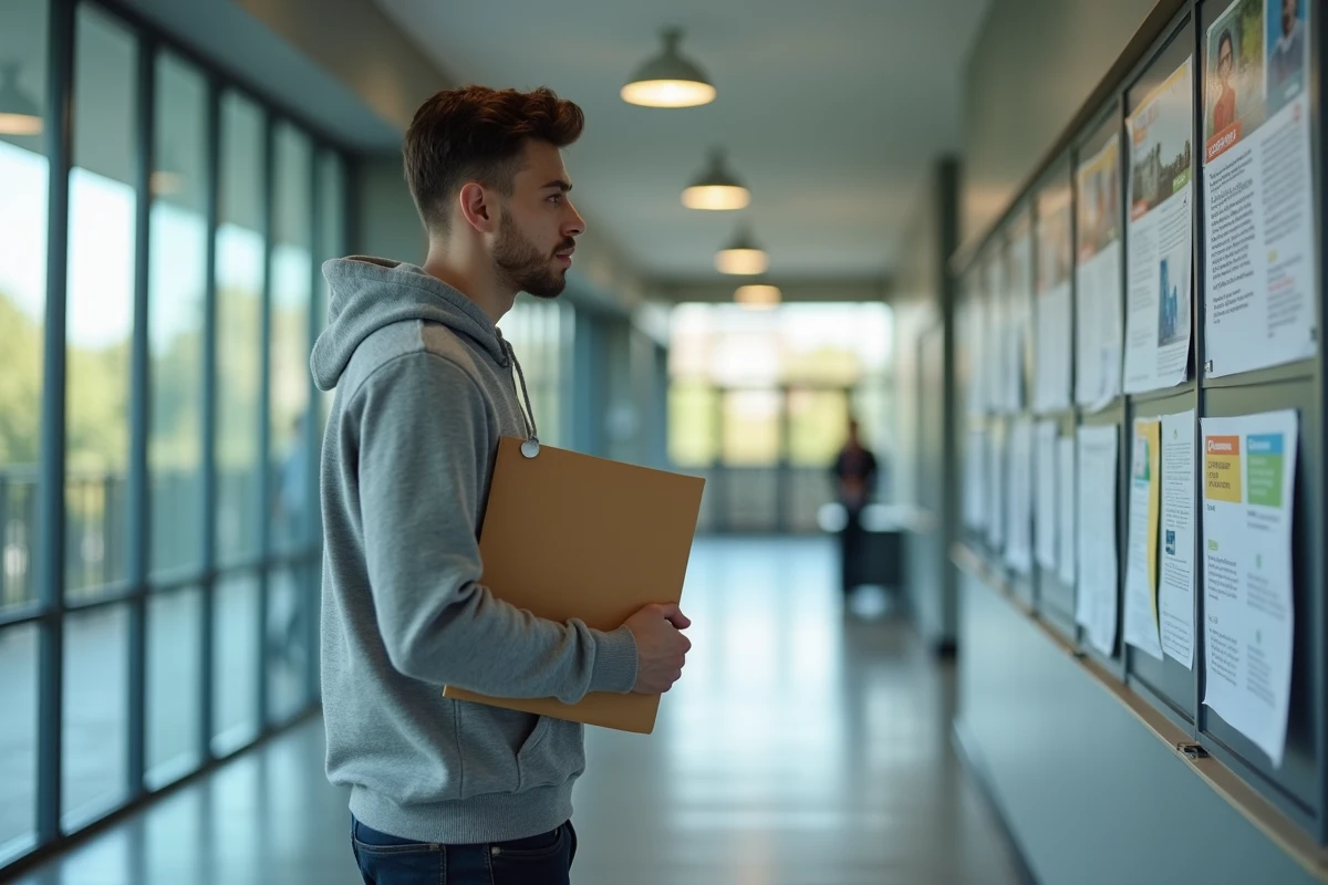 Étudiant consultant un tableau d'affichage universitaire avec des informations sur les passerelles et admissions en licence de psychologie