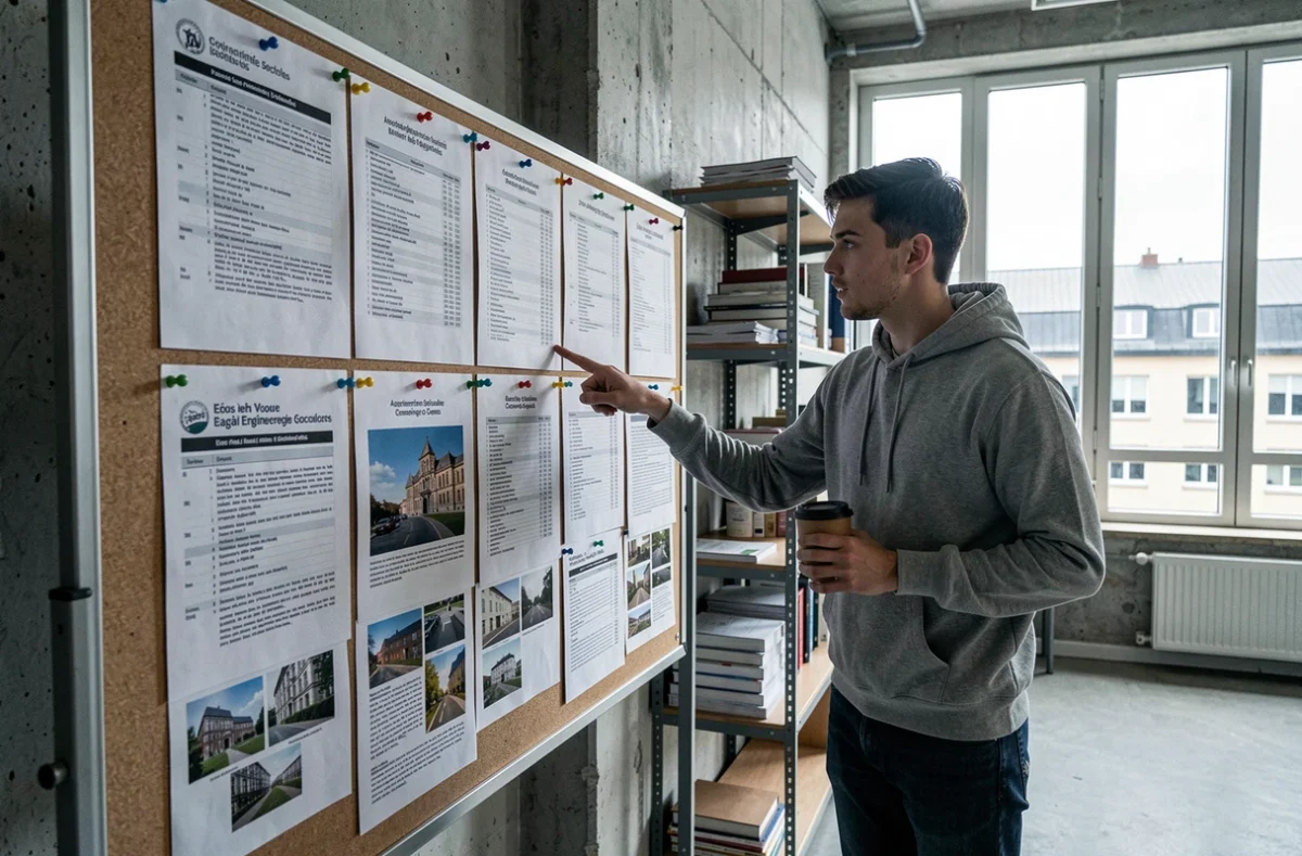 Étudiant motivé examinant un tableau d'affichage avec le classement des meilleures écoles d'ingénieurs françaises en 2026
