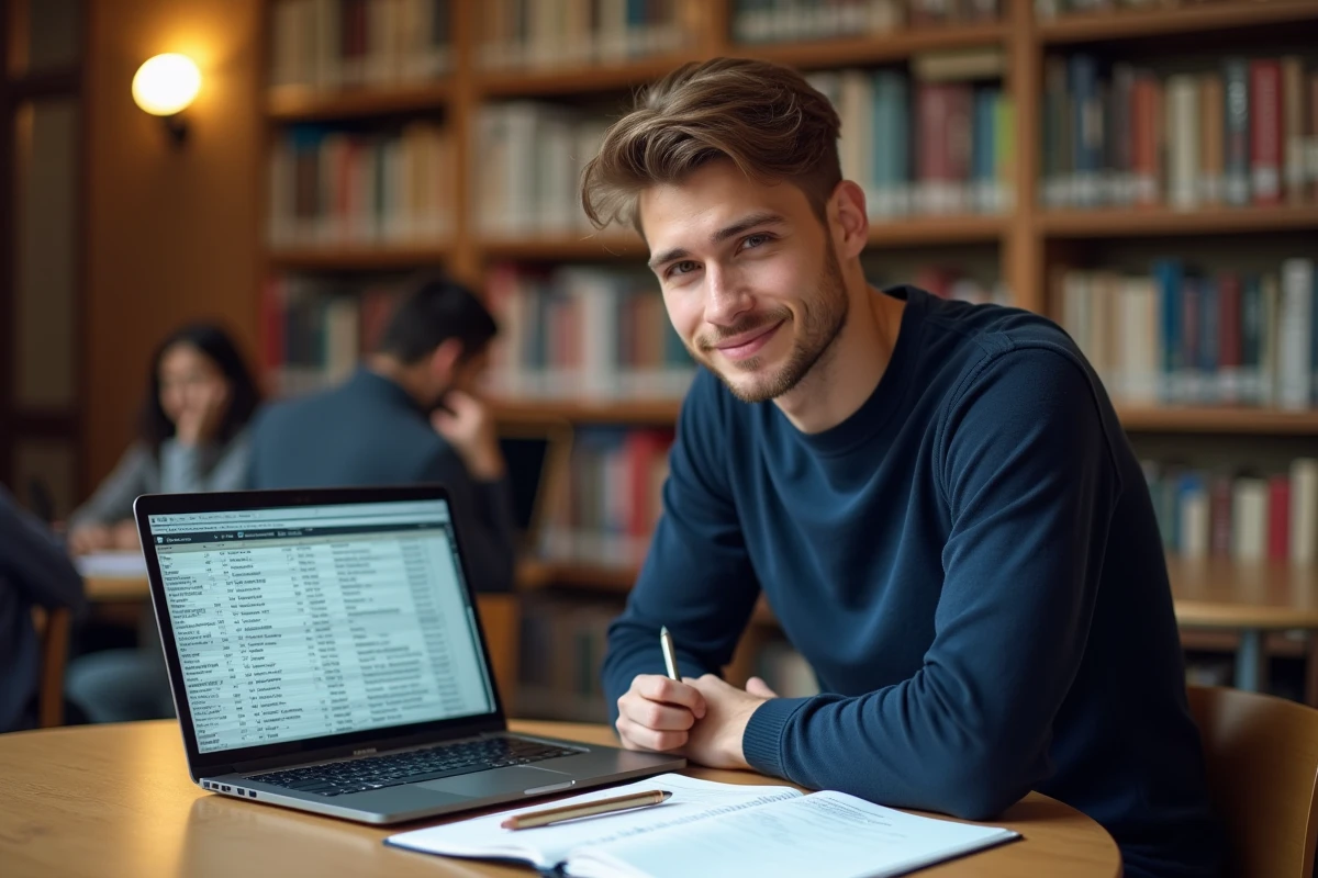 Étudiant consultant un tableau de coefficients sur un ordinateur portable dans une bibliothèque universitaire