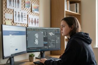 Étudiante en animation 3D naviguant sur Parcoursup depuis son bureau avec des logiciels 3D ouverts en arrière-plan