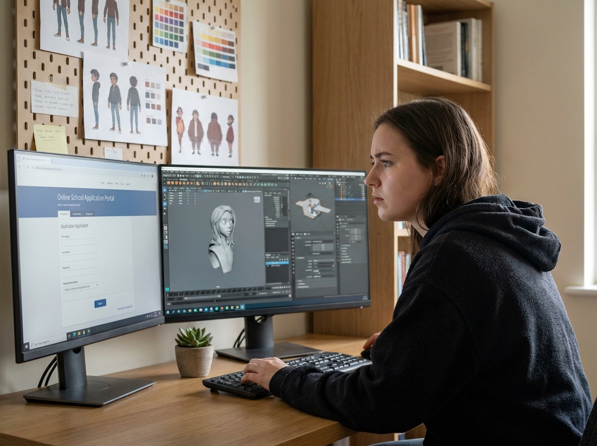 Étudiante en animation 3D naviguant sur Parcoursup depuis son bureau avec des logiciels 3D ouverts en arrière-plan