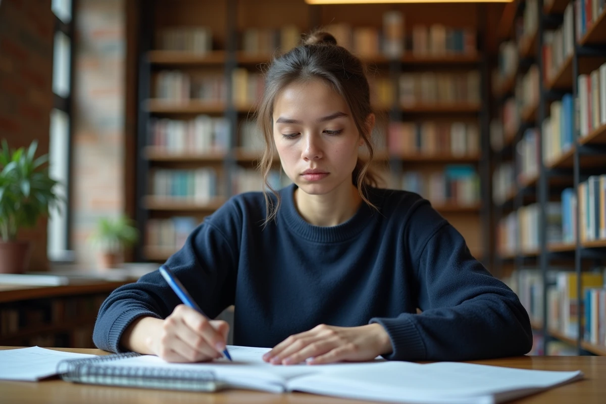 Étudiante en psychologie prenant des notes à la bibliothèque universitaire pour préparer une passerelle en licence L3