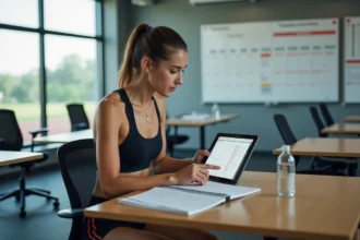 Étudiante en BTS MS planifiant ses entraînements sur une tablette dans une salle de sport moderne