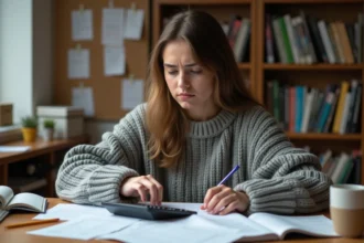 Étudiante calculant sa moyenne au contrôle continu avec une calculatrice et des notes manuscrites sur un bureau en bois