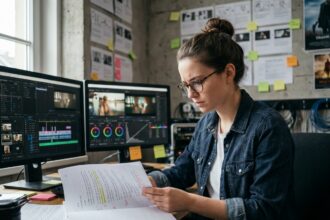 Étudiante en cinéma révisant un script dans une salle de montage de grande école de cinéma privée