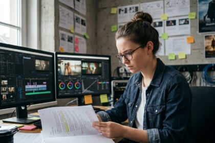 Étudiante en cinéma révisant un script dans une salle de montage de grande école de cinéma privée
