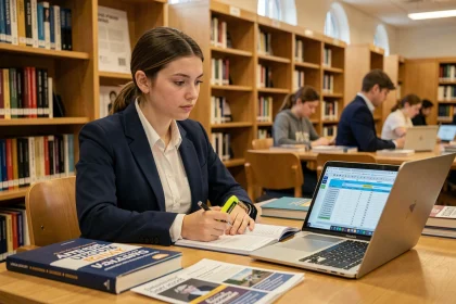 Étudiante en ingénierie consultant un classement d'écoles d'ingénieurs 2026 dans une bibliothèque universitaire