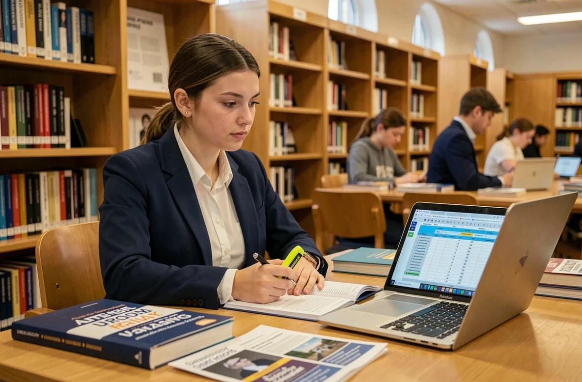 Étudiante en ingénierie consultant un classement d'écoles d'ingénieurs 2026 dans une bibliothèque universitaire