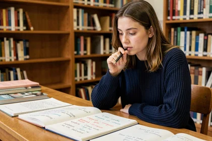 Étudiante révisant une liste de connecteurs logiques dans ses cahiers de cours à la bibliothèque